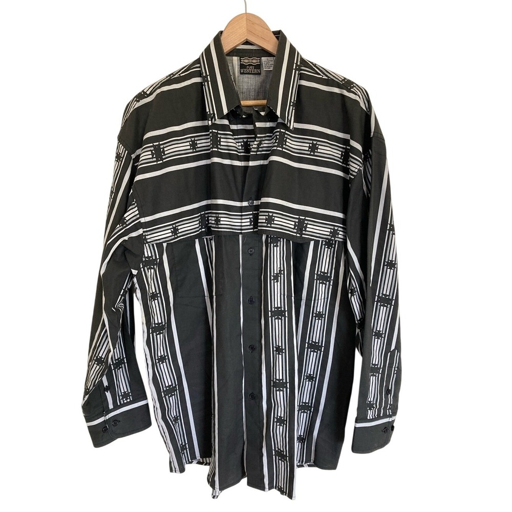 Just Western Mens Black‎ White Striped Western Button-Up Shirt Size Large Cowboy